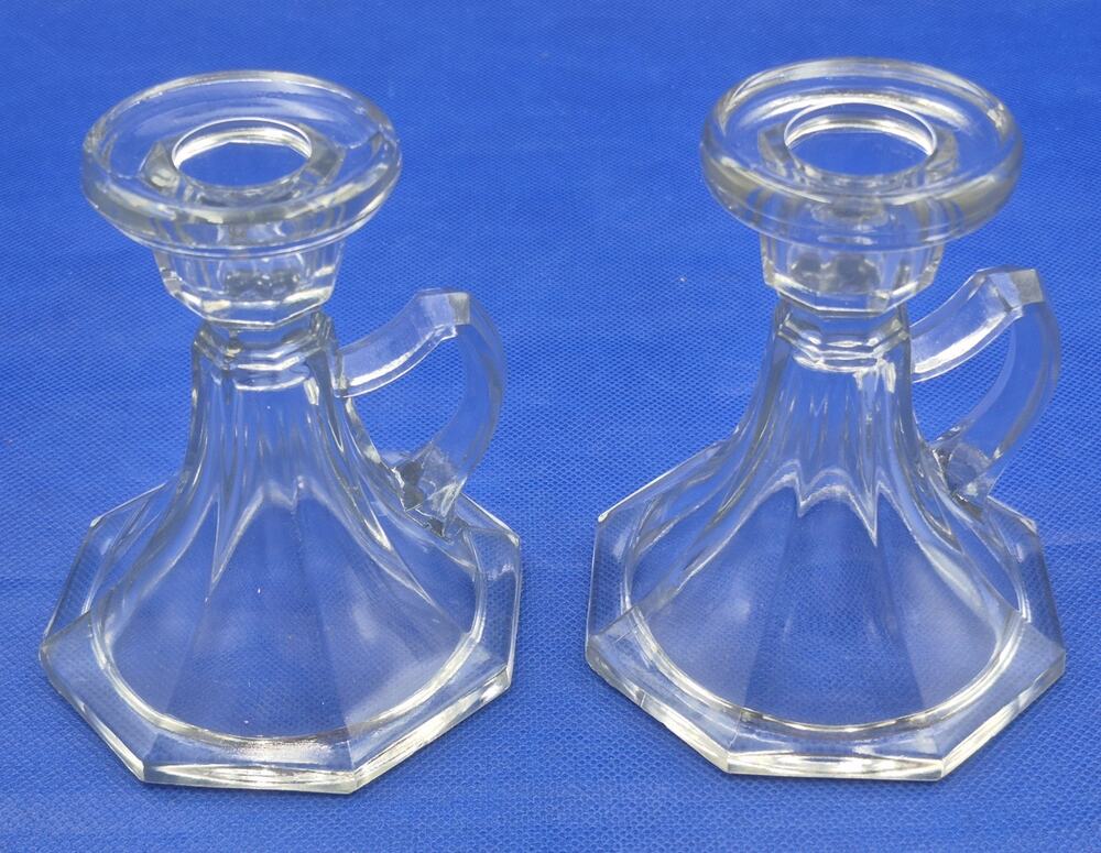 Two Mid-Century Clear Glass Finger Loop Chamberstick Candle Holders 4.5" Tall